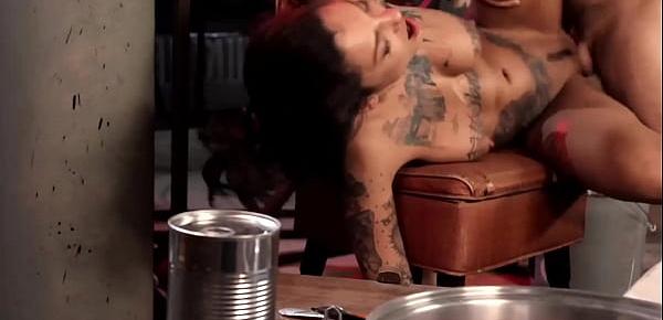  Tattooed busty brunette gets anal sex